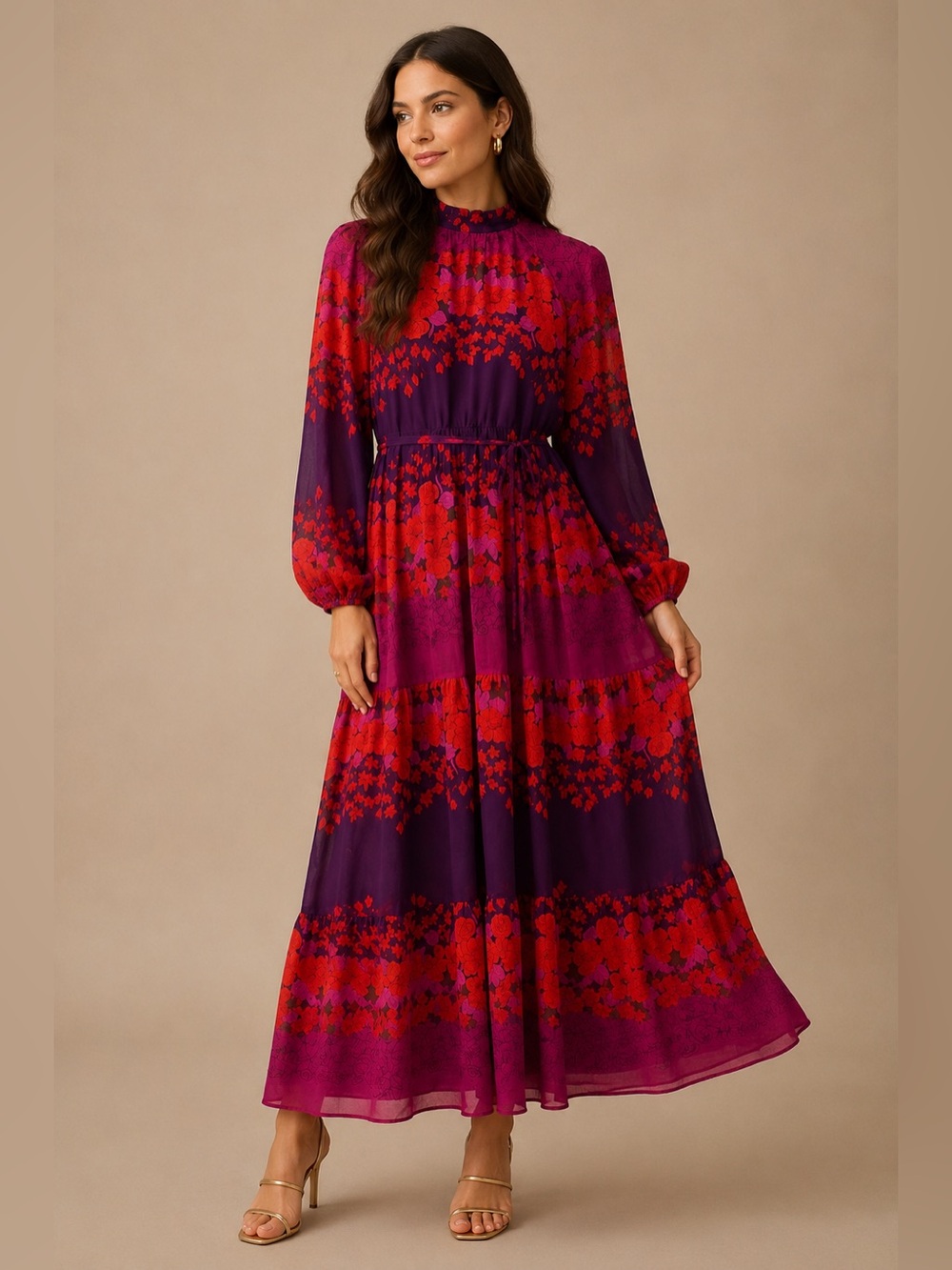 Melonie‎ Floral Mock Neck Tiered Maxi Dress Purple Pink Red 2P